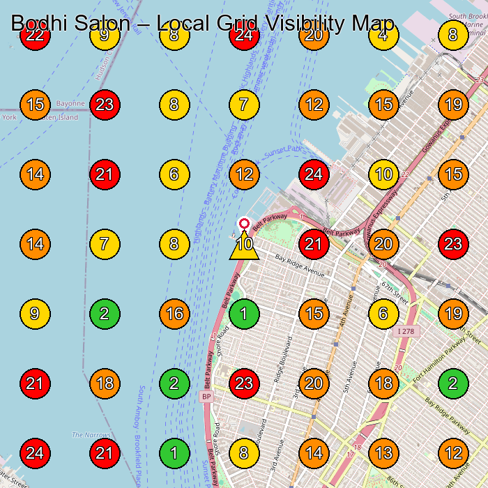 Bodhi Salon Hair Salon GeoGrid ranking map for Brooklyn NY
